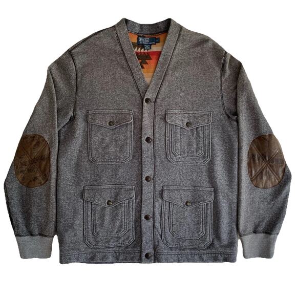 POLO RALPH LAUREN Mackinaw Cardigan Large Grey Southwest Aztec Elbow Patch EUC - Picture 2 of 11